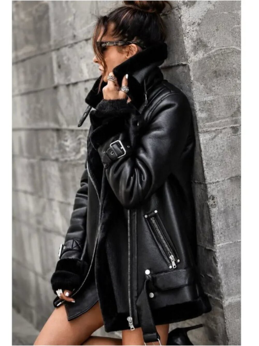 Avec Les Filles Sherpa Lined Moto Faux Leather Jacket Black Small Oversized
